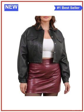 Plus Size Faux Leather Cropped Moto Biker Jacket Trendy Going Out